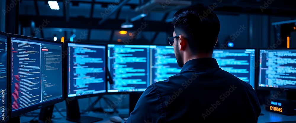 Poster cinematic shot of an it worker in a dark blue shirt sitting at a desk with multiple monitors display