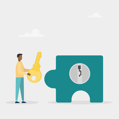 Solve a business problem. A character with a golden key to open the keyhole of a puzzle. Unlock business accessibility. Vector illustration	