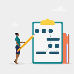 Business plan, step by step. The character is holding a pencil. Modern vector illustration in flat style.	