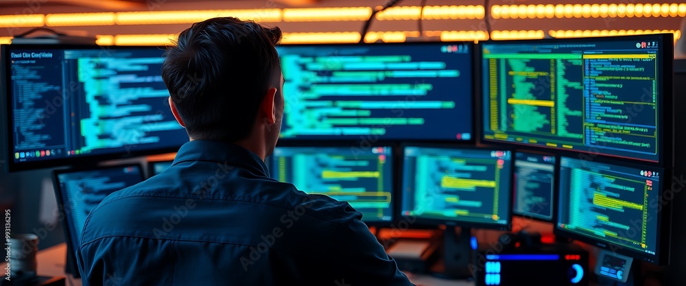 Poster cinematic shot of an it worker in a dark blue shirt sitting at a desk with multiple monitors display
