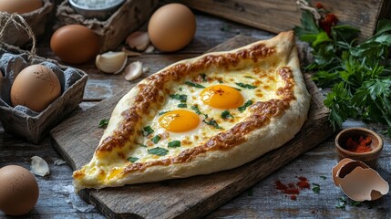 Traditional Georgian Khachapuri on Rustic Table with Cheese-filled Bread and Egg Yolk