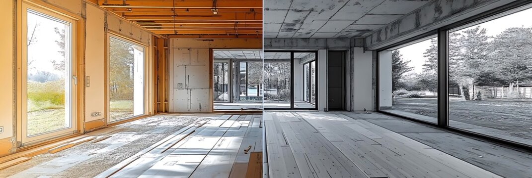 Illustration of Construction and Finished Room Interior Design