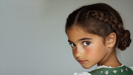 French little girl wearing traditional bavarian dirndl cloth isolated