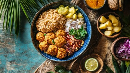 Vibrant Barbadian Cou-Cou Delight with Tropical Coastal Scenery - Top-Down View of Traditional Caribbean Cuisine on Decorative Table Setting