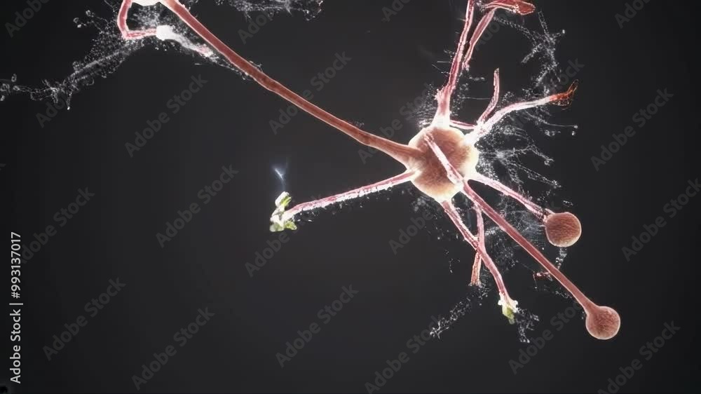 Poster 3d animation of a neuron, showing the structure of this cell, important for the nervous system.. ai 