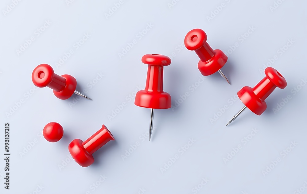 Poster red pushpin top view. thumbtack for note attach collection. realistic 3d push pins pinned in differe