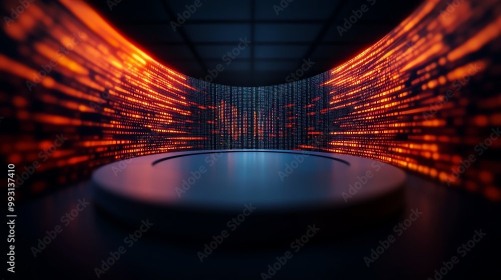 Poster futuristic stage with glowing data streams and circular platform, dark background