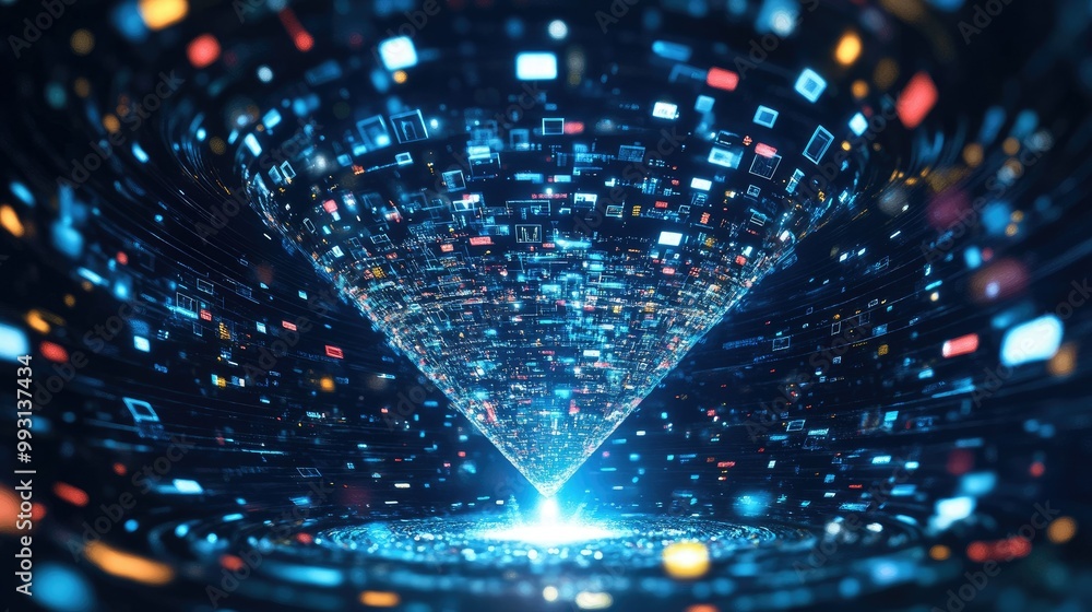 Poster a massive digital funnel with floating data symbols, illustrating the process of data analytics and 