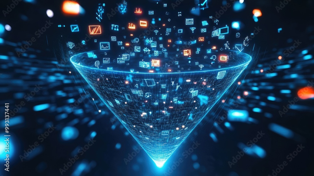 Poster a massive digital funnel with floating data symbols, illustrating the process of data analytics and 