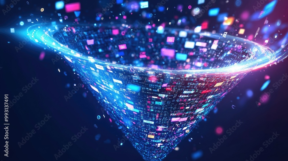 Poster a massive digital funnel with floating data symbols, illustrating the process of data analytics and 