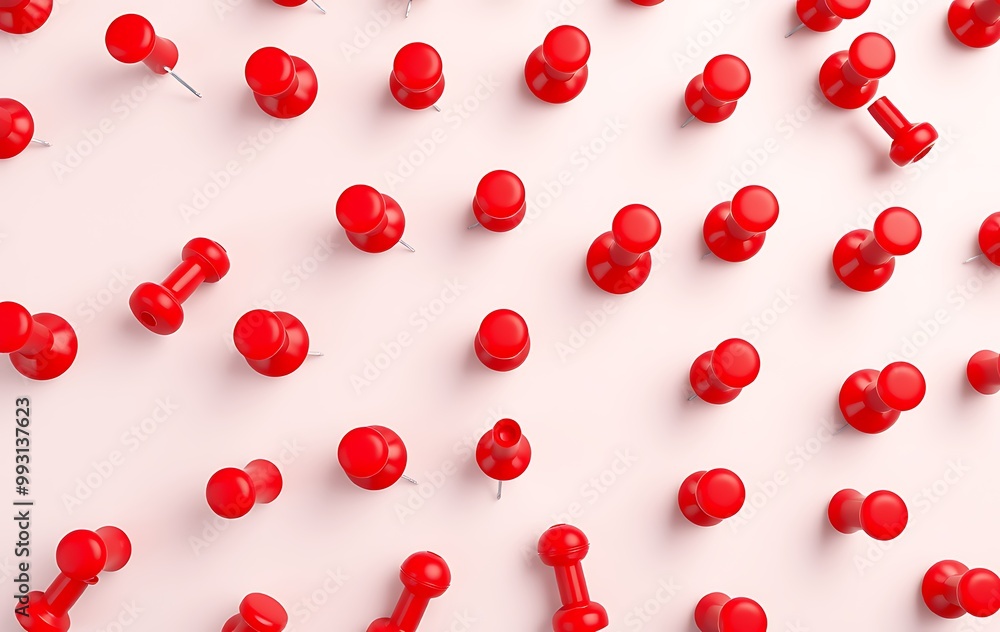 Poster red pushpin top view. thumbtack for note attach collection. realistic 3d push pins pinned in differe