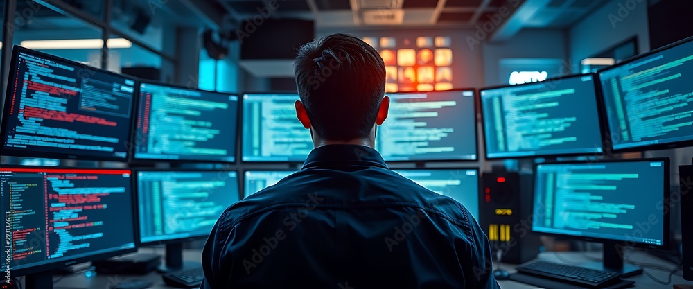 Aufkleber cinematic shot of an it worker in a dark blue shirt sitting at a desk with multiple monitors display