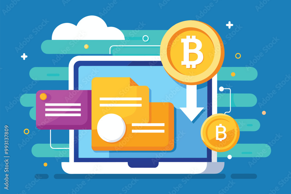 Poster a flat illustration showcases a computer downloading a bitcoin file with vibrant icons and graphics,