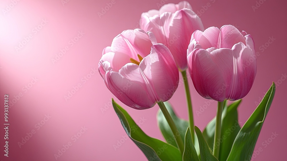 Poster A soft light illuminates three delicate pink tulips with green leaves against a pale pink backdrop.