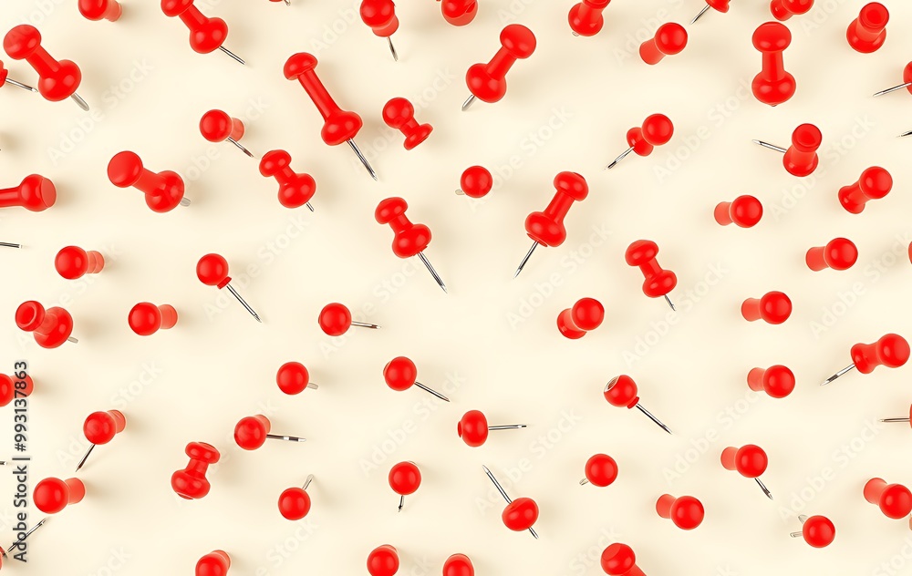 Poster red pushpin top view. thumbtack for note attach collection. realistic 3d push pins pinned in differe