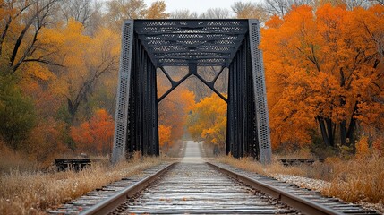 An old railroad trestle bridge frames a view of vibrant autumn foliage, with a set of rusted tracks leading into the distance.