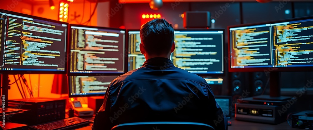 Aufkleber cinematic shot of an it worker in a dark blue shirt sitting at a desk with multiple monitors display