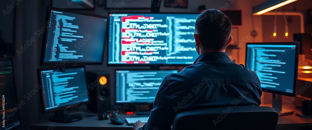 Aufkleber cinematic shot of an it worker in a dark blue shirt sitting at a desk with multiple monitors display