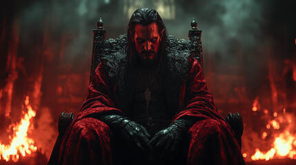 brooding demon king contemplates dark reign from his fiery throne room