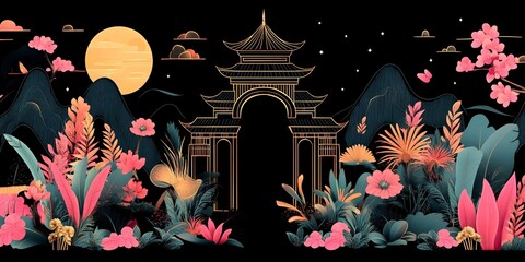 A golden archway stands tall in a vibrant garden, a full moon illuminating the night.