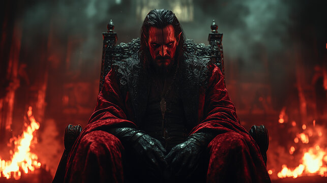 brooding demon king contemplates dark reign from his fiery throne room