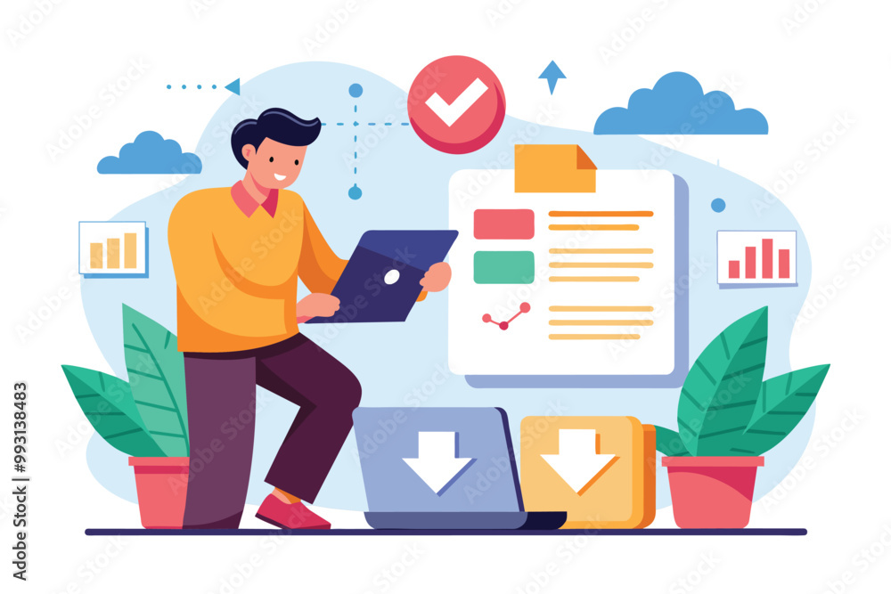 Poster a professional is focused on downloading document data using a laptop while standing in a vibrant wo