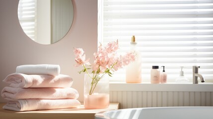Sunlight filters through blinds onto a pink bottle, stack of towels, and delicate flowers in a serene bathroom setting, creating a tranquil and inviting ambiance.