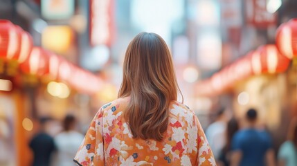 A woman walks through a vibrant street decorated with lanterns in a bustling alley at night,...