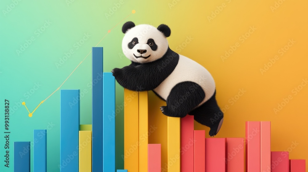Poster a panda bear climbing upward on colorful charts, showcasing the use of pandas for data analysis.