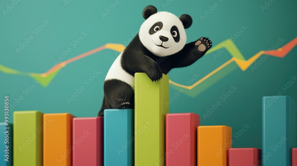 Poster a panda bear climbing upward on colorful charts, showcasing the use of pandas for data analysis.