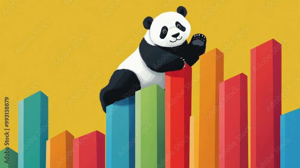 Poster a panda bear climbing upward on colorful charts, showcasing the use of pandas for data analysis.