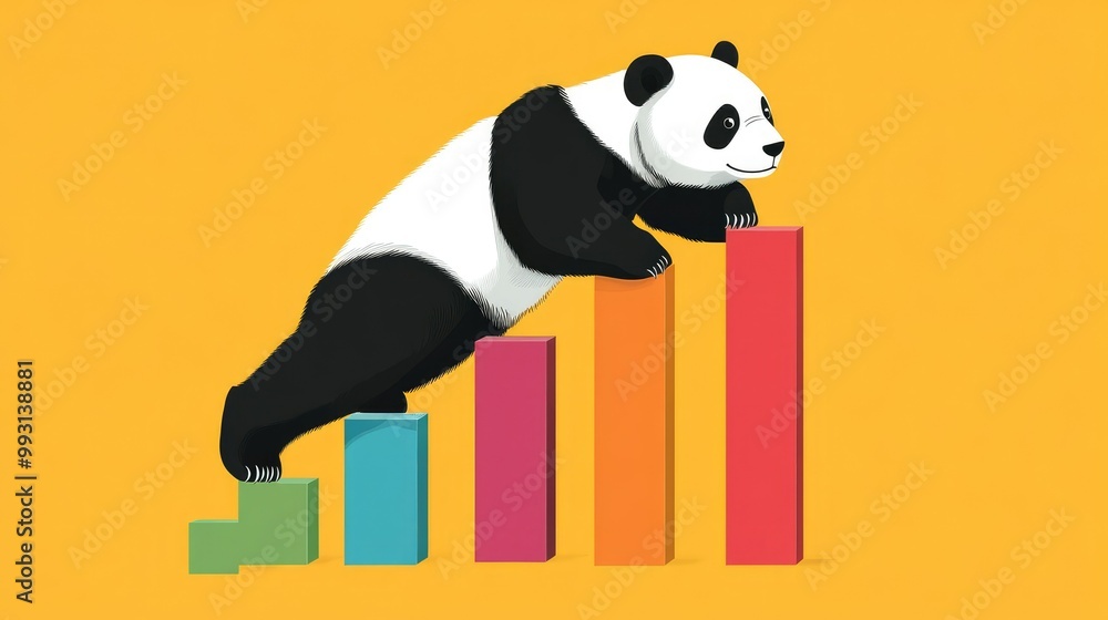 Poster a panda bear climbs colorful bar charts, symbolizing data analysis using the pandas library in data 