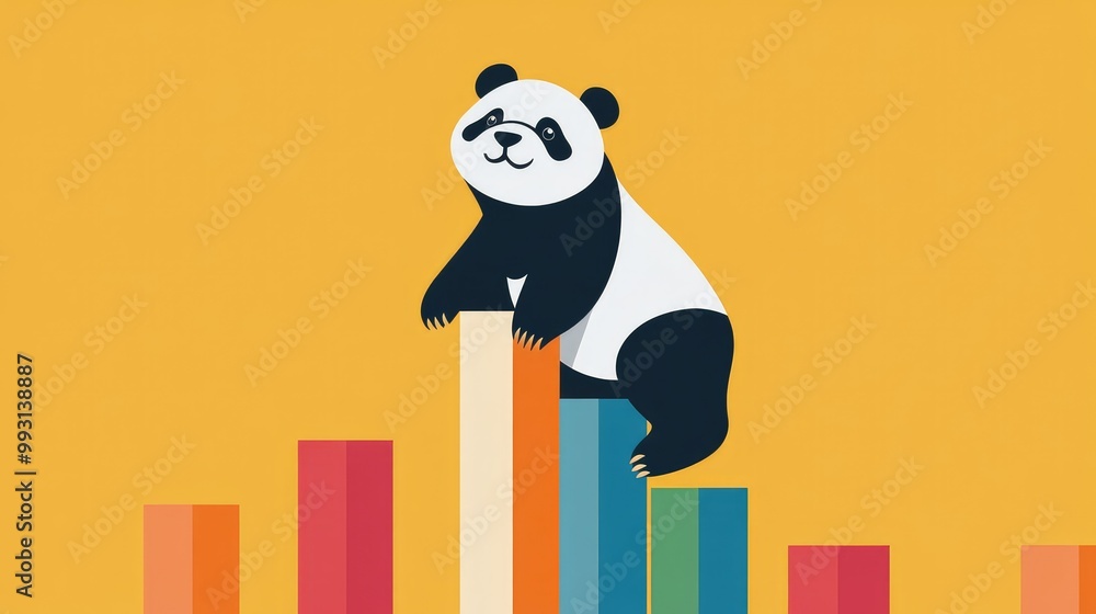 Poster a panda bear climbing upward on colorful charts, showcasing the use of pandas for data analysis.
