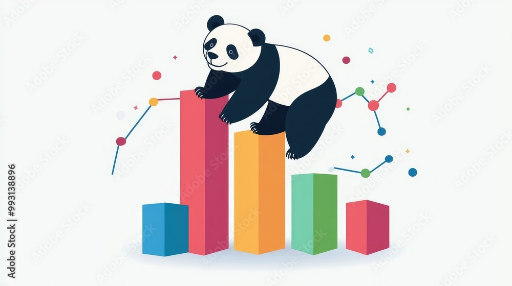 Poster a panda bear climbs colorful bar charts, symbolizing data analysis using the pandas library in data 