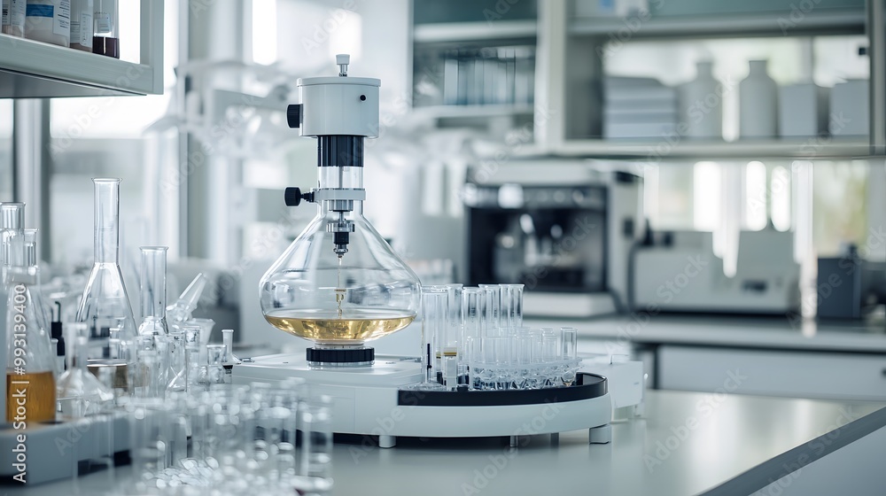 Poster close-up of a rotary evaporator with a flask containing yellow liquid in a laboratory setting.