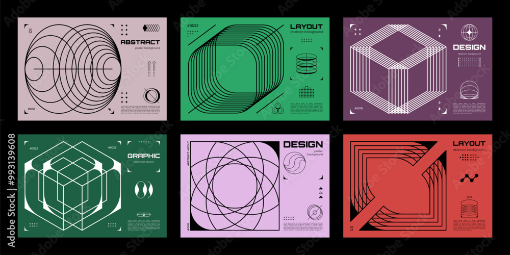 Poster Abstract Brutalism posters and banners with wireframe isometric 3D shapes, vector backgrounds. Brutal Y2K posters with abstract geometric shapes and wireframe grid or line elements in brutalism art