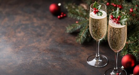 Sparkling champagne flutes decorated with holly and berries for a festive celebration
