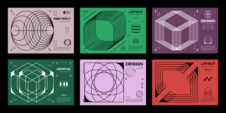 Abstract Brutalism posters and banners with wireframe isometric 3D shapes, vector backgrounds. Brutal Y2K posters with abstract geometric shapes and wireframe grid or line elements in brutalism art