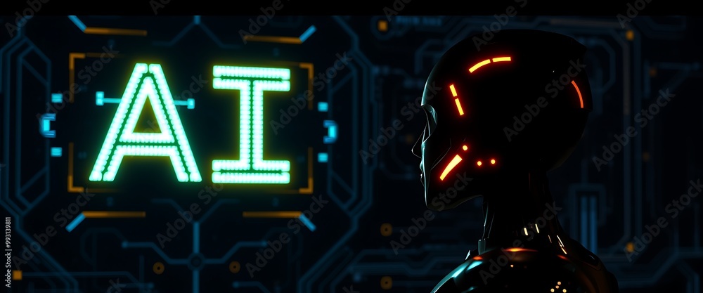 Poster silhouette of a robot looking at a digital image of the letters 