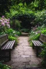 Tranquil garden path lined with benches and blooming flowers on a sunny day
