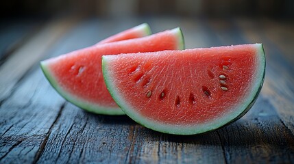 Slices of watermelon on a rustic wooden surface, showcasing the juicy red flesh and black seeds