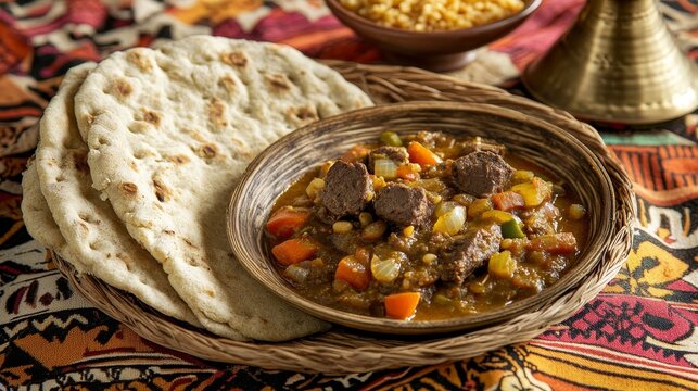 Authentic Sudanese Kisra in Traditional Setting with Sorghum Flatbread and Stew Delicacy