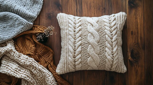 Cozy Comfort: Knitted Cable Pillow on Wooden Floor with a knitted cable pattern lying on a wooden floor with a soft blanket nearby
