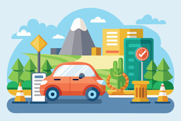 A vibrant driving school scene featuring a car, traffic signs, and a serene landscape with mountains, Driving school illustration, customizable and flat.
