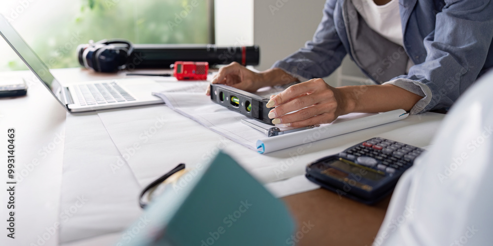 Aufkleber woman engineer ensuring precision on blueprint layouts with level tool and calculator