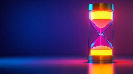 A luminous hourglass stands alone against a vibrant blue and purple backdrop, capturing the fleeting nature of time.