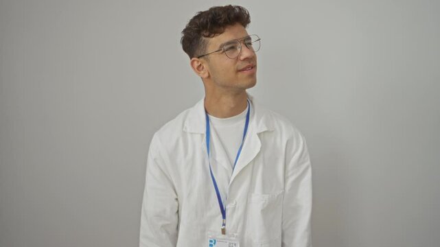 Young hispanic man wearing scientist uniform, side looking and smiling away while thinking over isolated white background, confidently happy and deep in thought