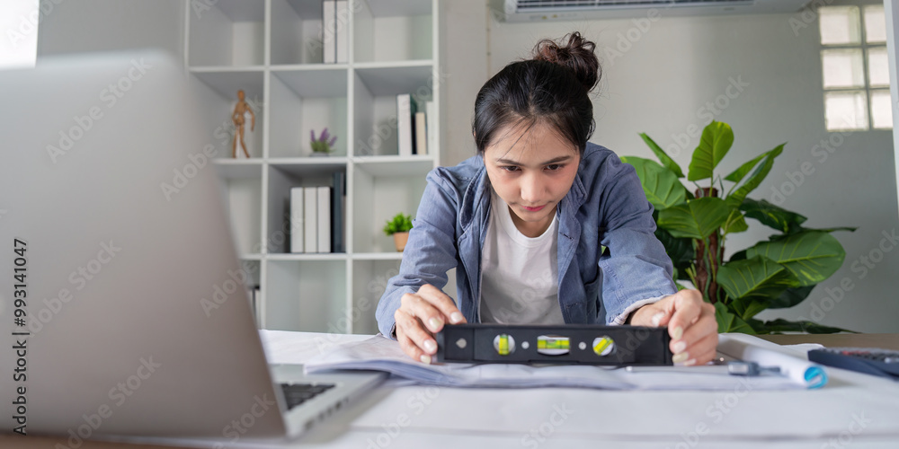 Aufkleber woman engineer using level tool for ensuring accuracy in project drafting
