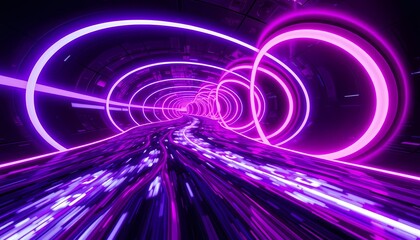 Obraz premium Glowing Curved Purple and Pink Lines Flowing Through Futuristic Dark Digital Space