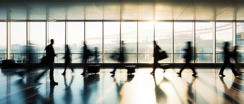 Blurred silhouettes of passengers in motion against a large, sunlit airport window, capturing the hustle and dynamism of travel.